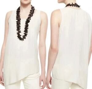 Eileen Fisher Cream Silk Georgette Sleeveless Assymetric Hem Top Sz Large